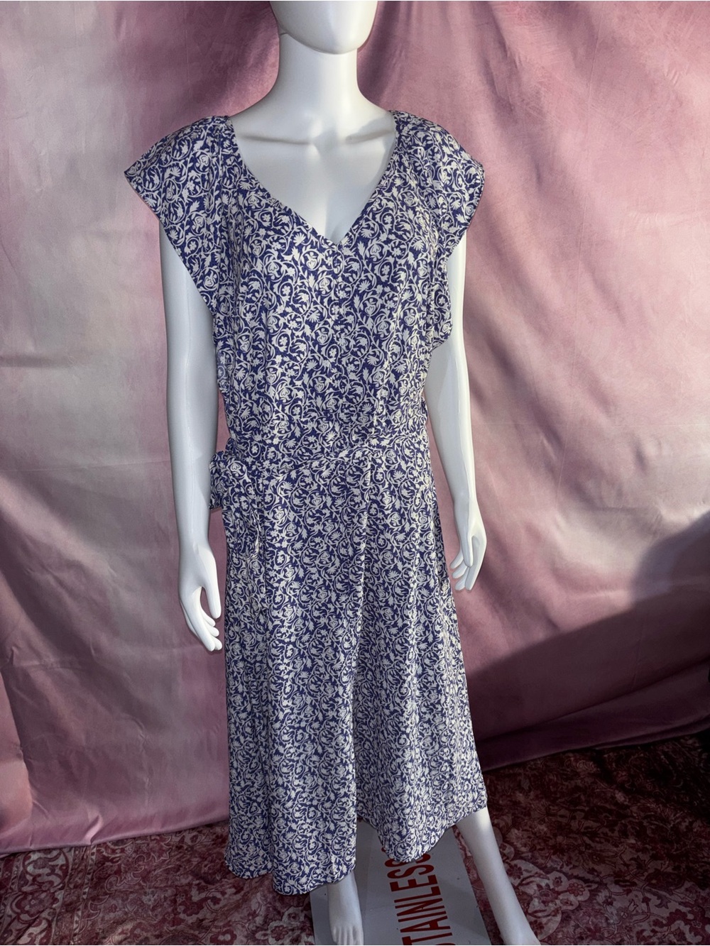 LOFT Blue and White Floral Tie-Waist Midi Dress